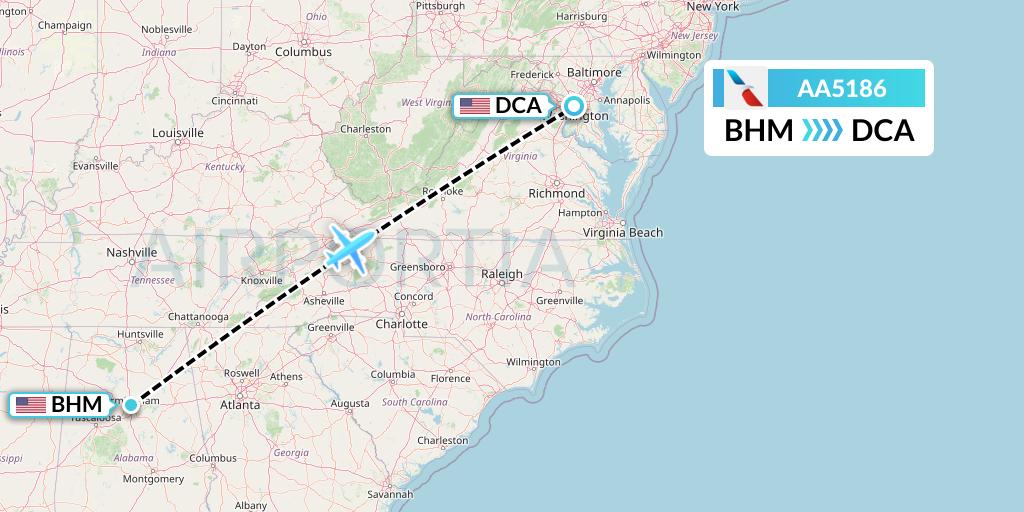 AA5186 American Airlines Flight Map: Birmingham to Washington