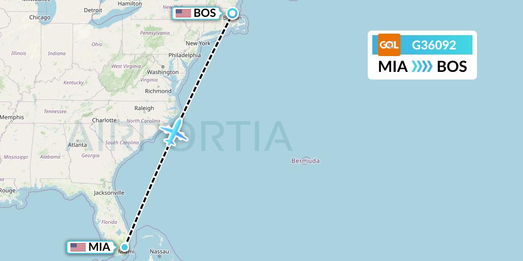 G36092 GOL Transportes Aeros Flight Map: Miami to Boston