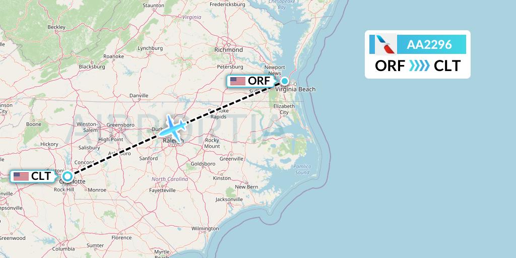AA2296 American Airlines Flight Map: Norfolk to Charlotte