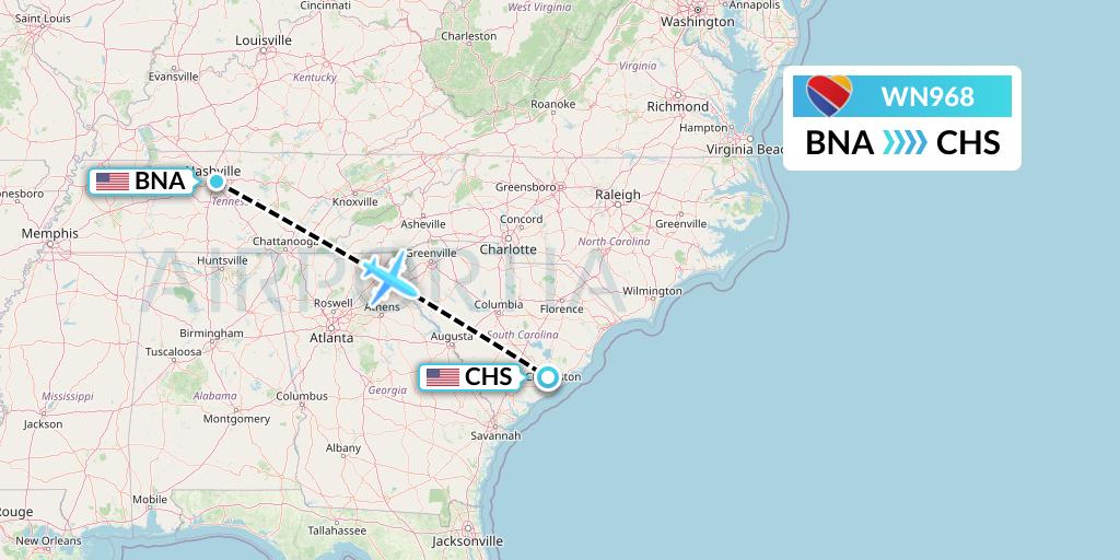 WN968 Southwest Airlines Flight Map: Nashville to Charleston