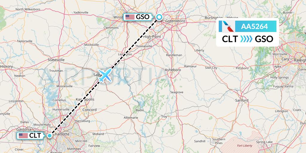 AA5264 American Airlines Flight Map: Charlotte to Greensboro