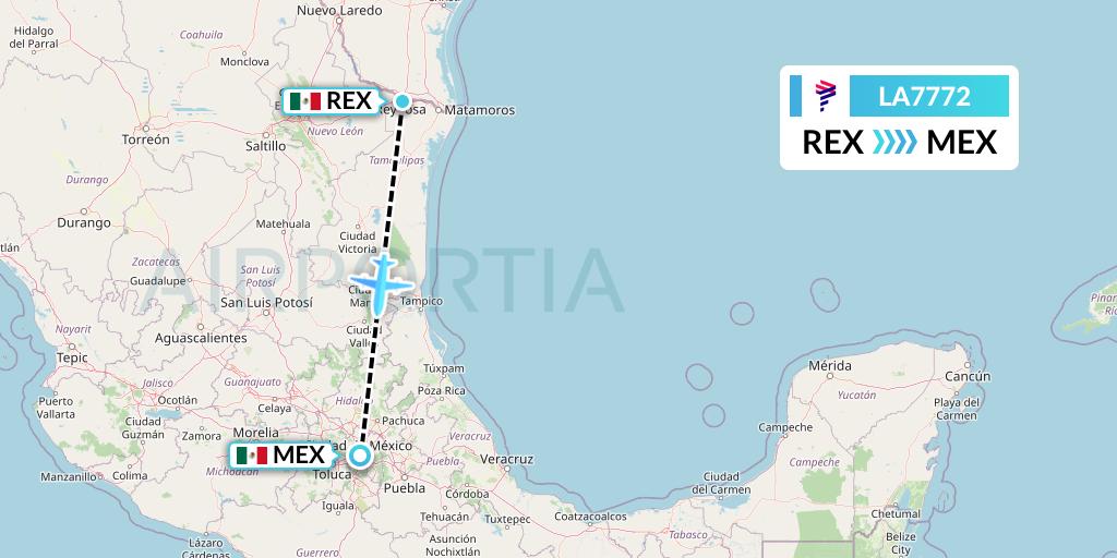 LA7772 LAN Airlines Flight Map: Reynosa to Mexico City