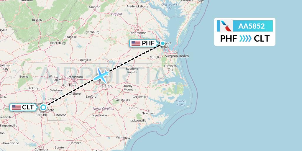 AA5852 American Airlines Flight Map: Newport News to Charlotte