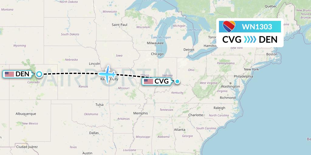 WN1303 Southwest Airlines Flight Map: Cincinnati to Denver