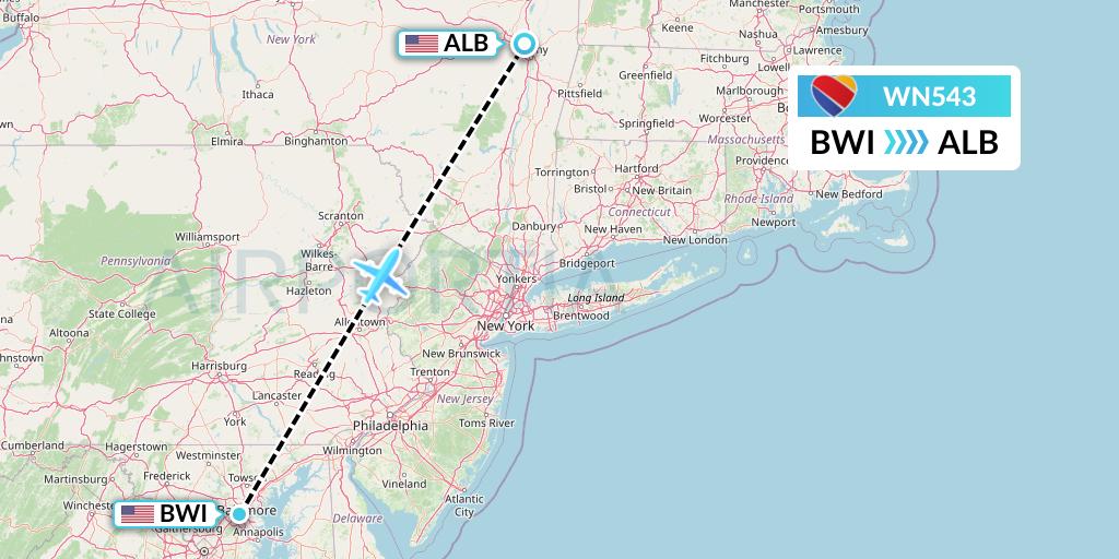 WN543 Southwest Airlines Flight Map: Baltimore to Albany