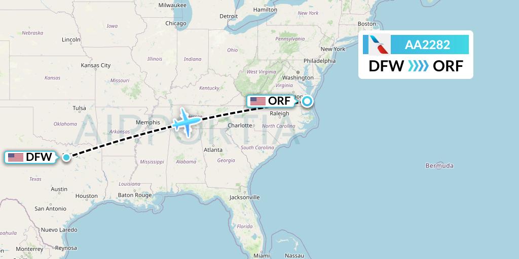 AA2282 American Airlines Flight Map: Dallas to Norfolk