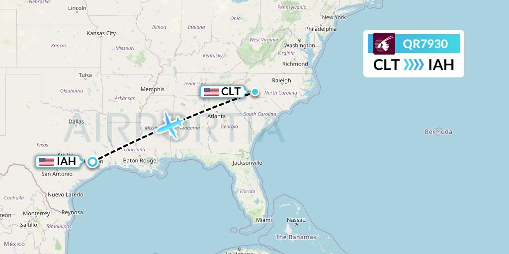 QR7930 Qatar Airways Flight Map: Charlotte to Houston