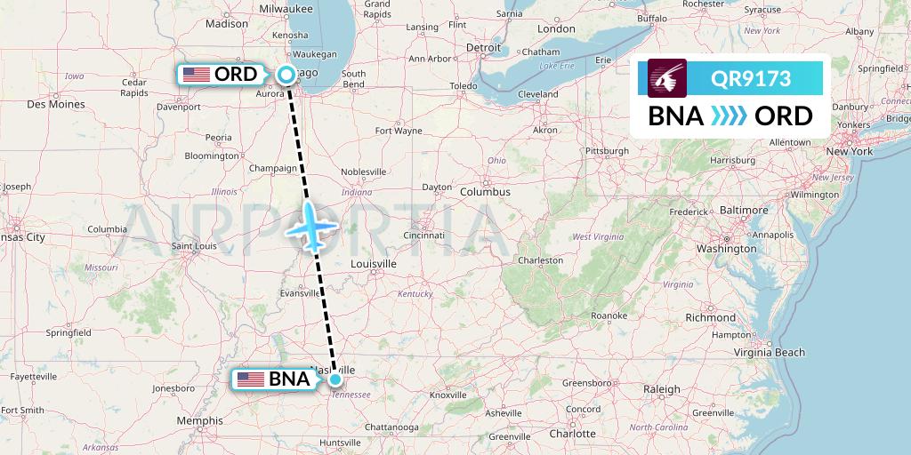 QR9173 Qatar Airways Flight Map: Nashville to Chicago