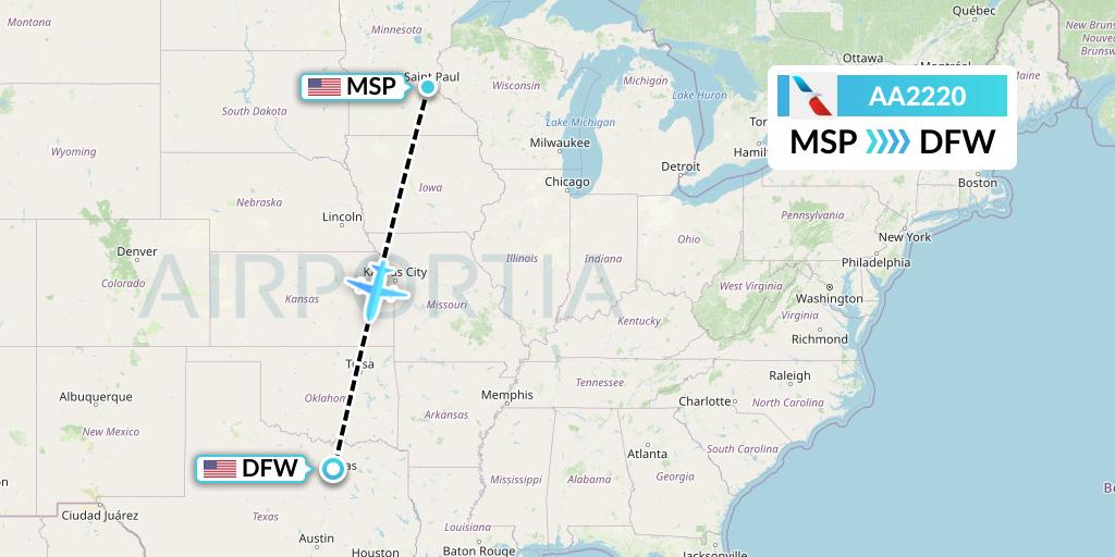 AA2220 American Airlines Flight Map: Minneapolis to Dallas