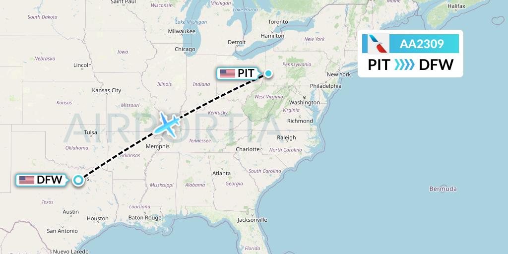 AA2309 American Airlines Flight Map: Pittsburgh to Dallas