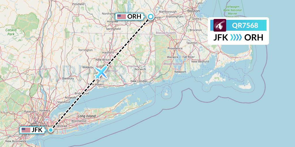 QR7568 Qatar Airways Flight Map: New York to Worcester
