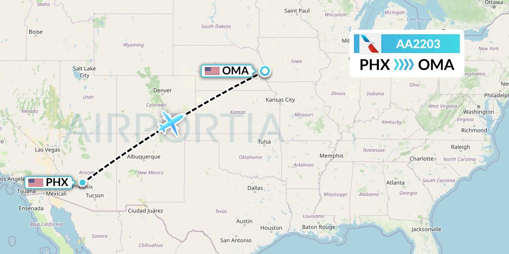 AA2203 American Airlines Flight Map: Phoenix to Omaha