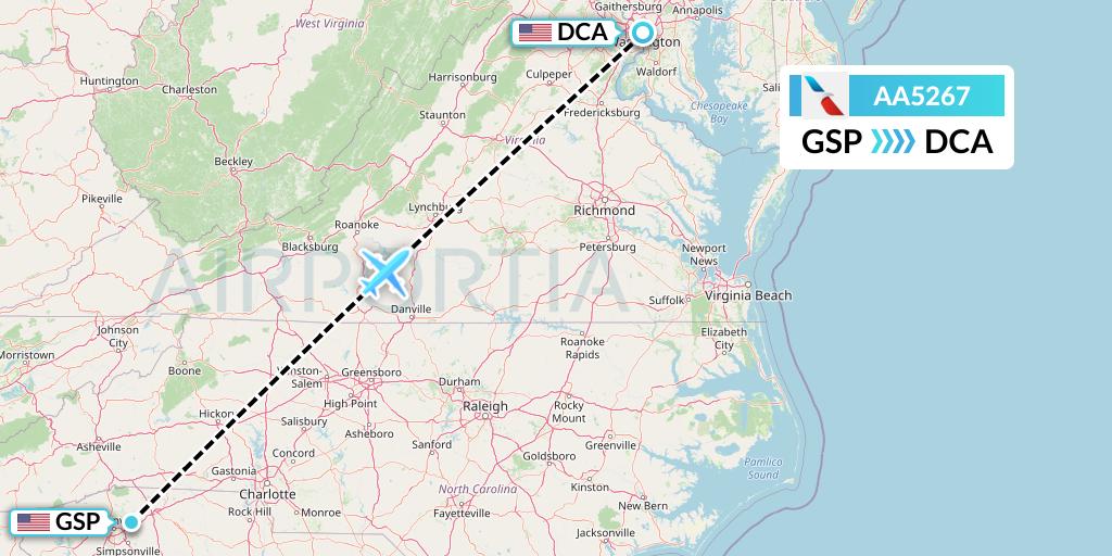 AA5267 American Airlines Flight Map: Greenville-Spartanburg to Washington