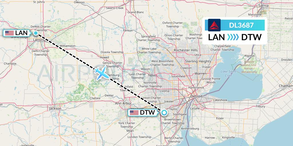 DL3687 Delta Air Lines Flight Map: Lansing to Detroit