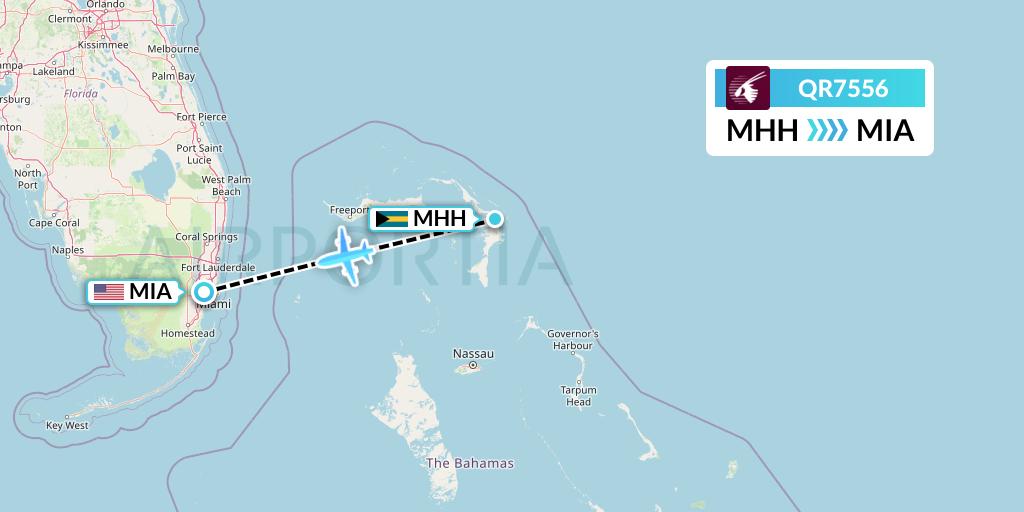 QR7556 Qatar Airways Flight Map: Marsh Harbour to Miami
