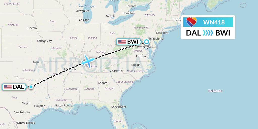 WN418 Southwest Airlines Flight Map: Dallas to Baltimore