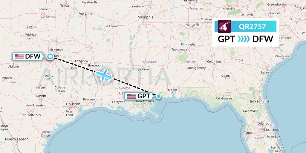 QR2757 Qatar Airways Flight Map: Gulfport to Dallas