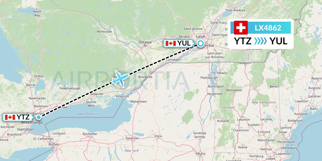 LX4862 Swiss Flight Map: Toronto to Montreal
