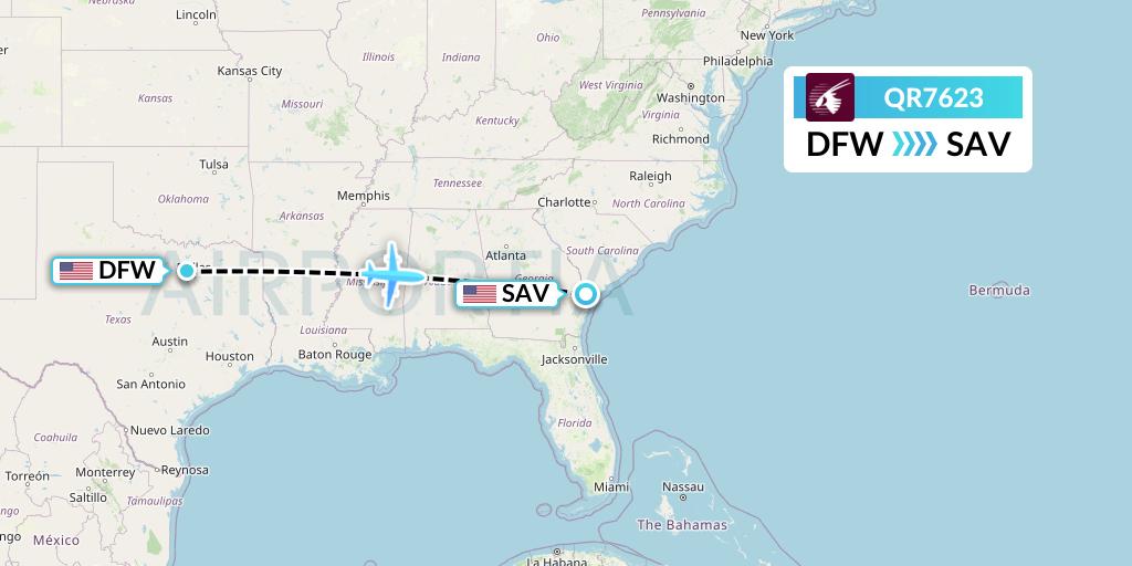 QR7623 Qatar Airways Flight Map: Dallas to Savannah