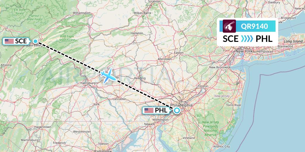 QR9140 Qatar Airways Flight Map: State College to Philadelphia