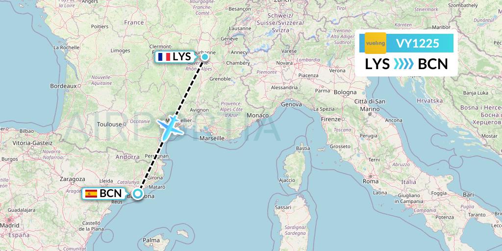 VY1225 Vueling Flight Map: Lyon to Barcelona