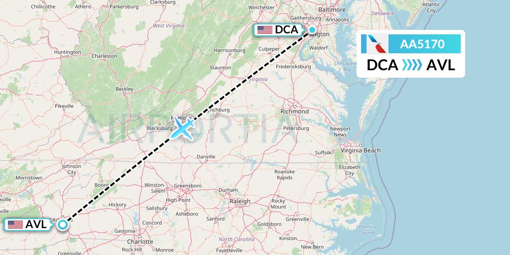 AA5170 American Airlines Flight Map: Washington to Asheville