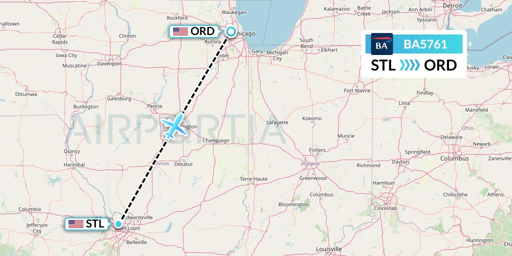 BA5761 British Airways Flight Map: St. Louis to Chicago