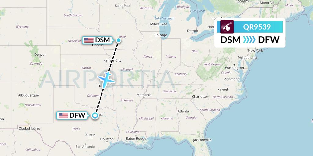 QR9539 Qatar Airways Flight Map: Des Moines to Dallas