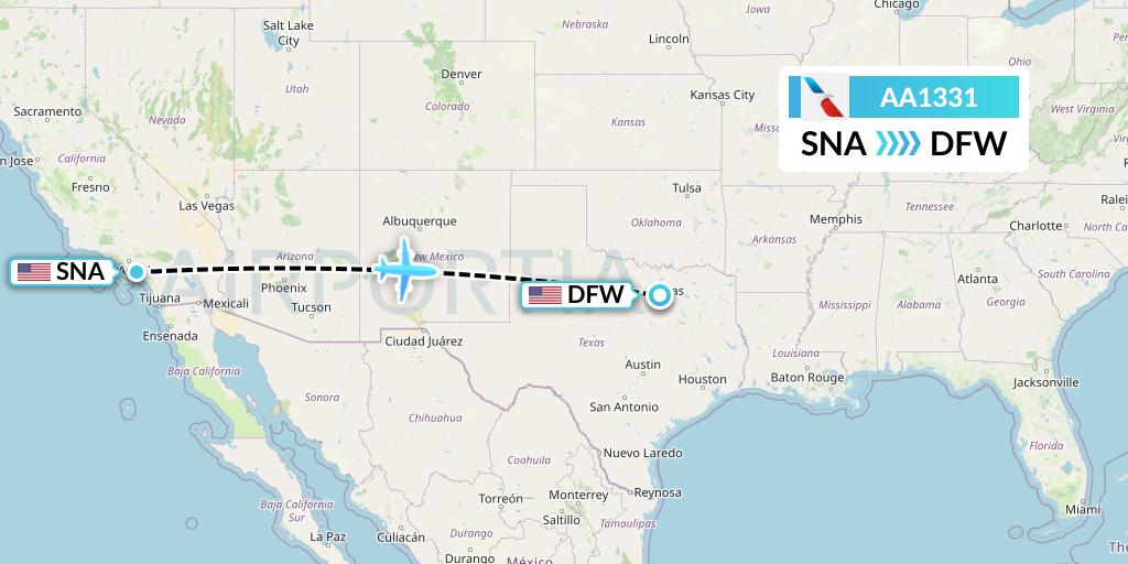 AA1331 American Airlines Flight Map: Orange County to Dallas