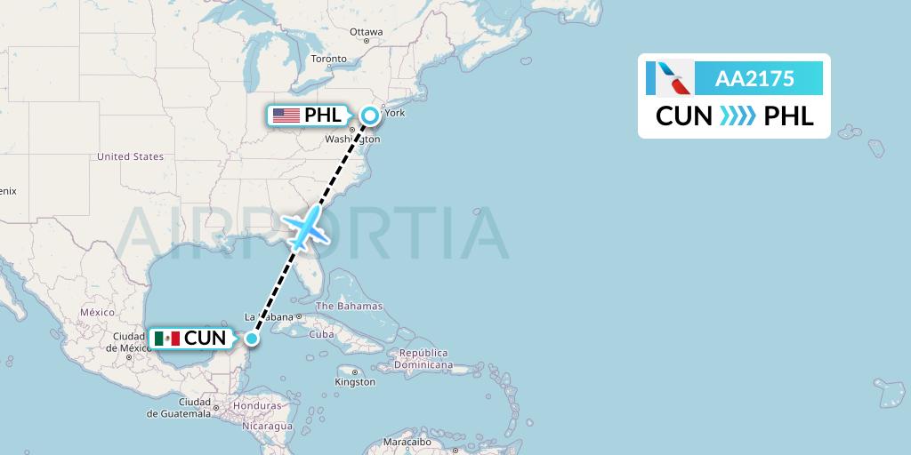 AA2175 American Airlines Flight Map: Cancun to Philadelphia