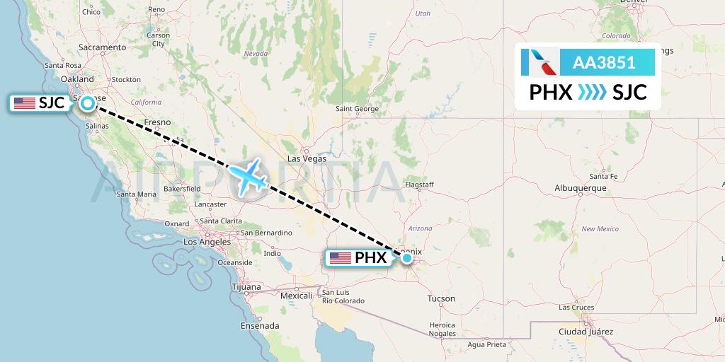 AA3851 American Airlines Flight Map: Phoenix to San Jose