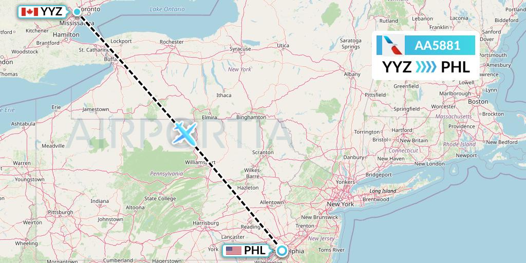 AA5881 American Airlines Flight Map: Toronto to Philadelphia