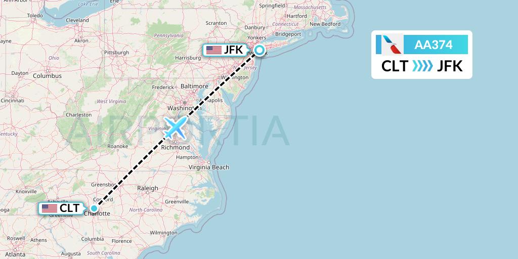 AA374 American Airlines Flight Map: Charlotte to New York