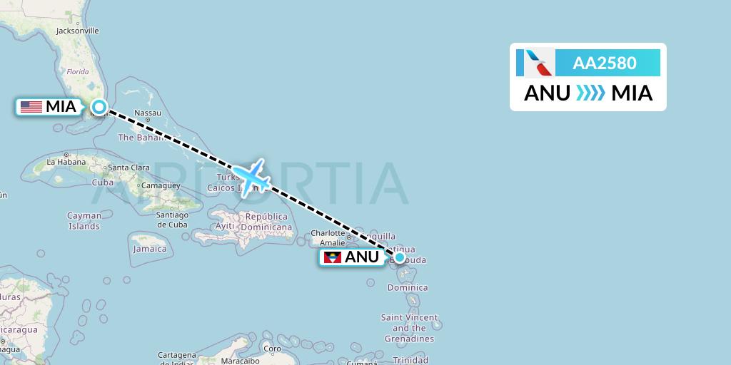AA2580 American Airlines Flight Map: Antigua to Miami
