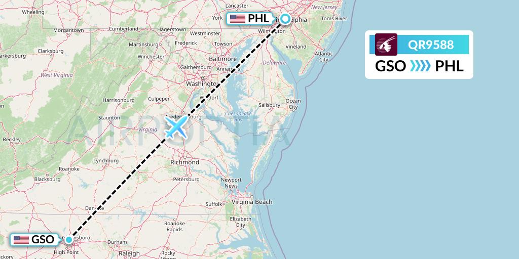 QR9588 Qatar Airways Flight Map: Greensboro to Philadelphia