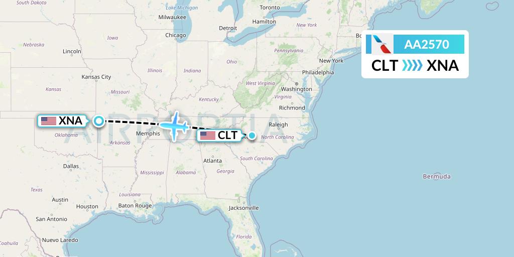 AA2570 American Airlines Flight Map: Charlotte to Bentonville