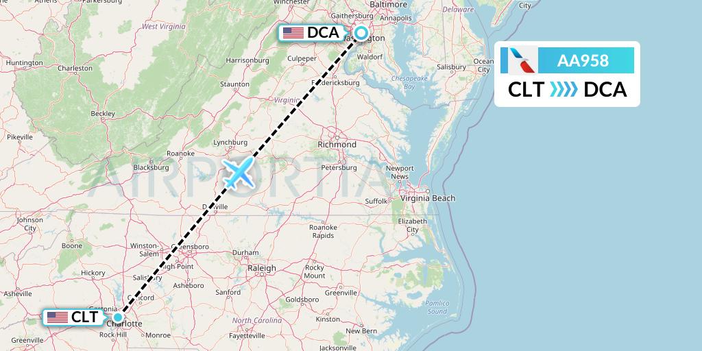 AA958 American Airlines Flight Map: Charlotte to Washington