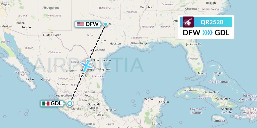 QR2520 Qatar Airways Flight Map: Dallas to Guadalajara