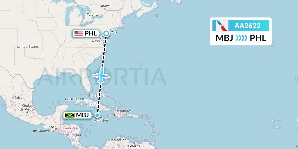AA2622 American Airlines Flight Map: Montego Bay to Philadelphia