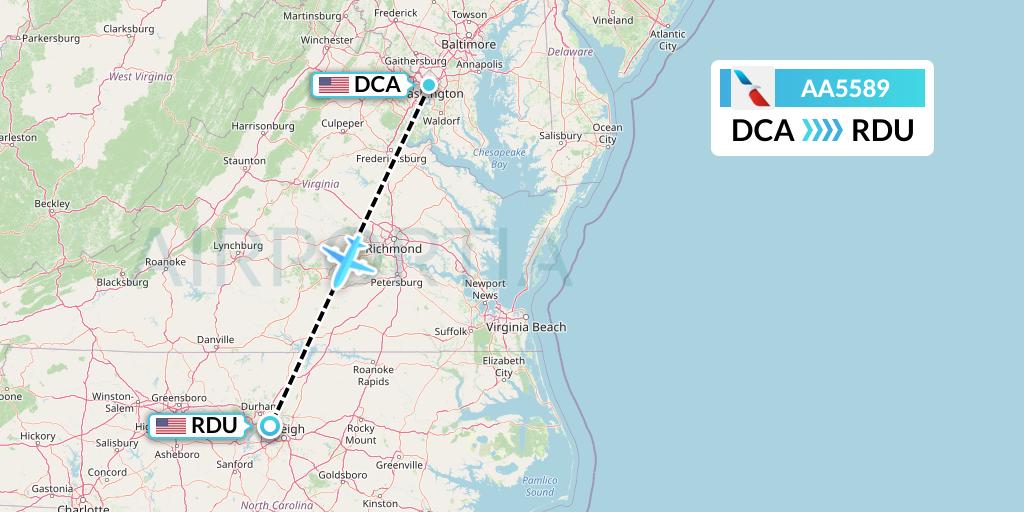 AA5589 American Airlines Flight Map: Washington to Raleigh-Durham