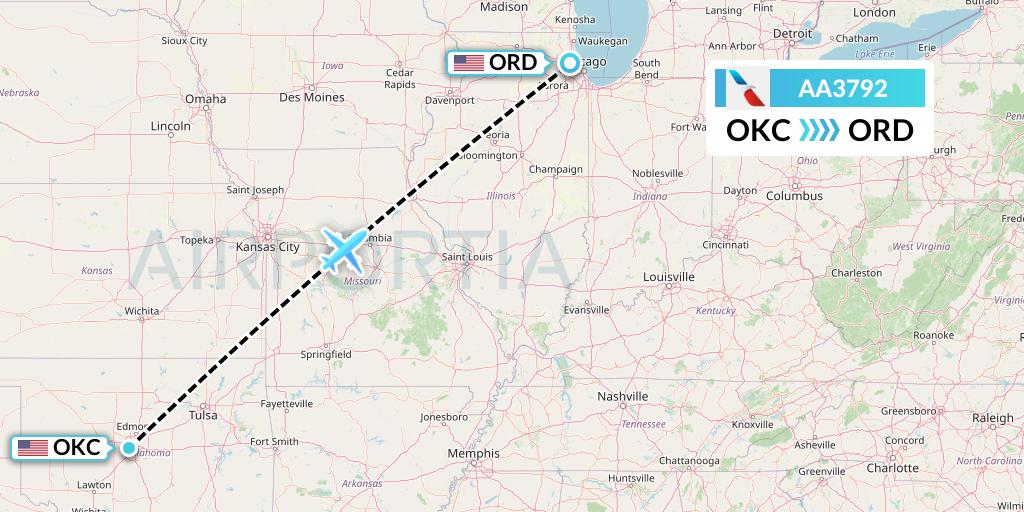 AA3792 American Airlines Flight Map: Oklahoma City to Chicago