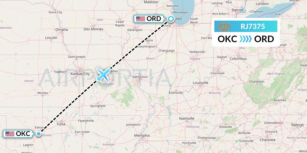 RJ7375 Royal Jordanian Flight Map: Oklahoma City to Chicago