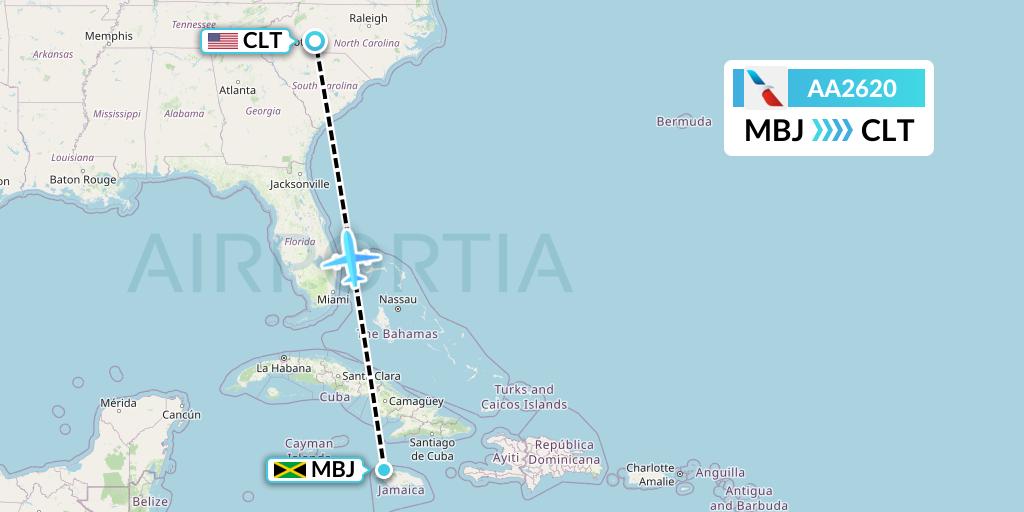 AA2620 American Airlines Flight Map: Montego Bay to Charlotte