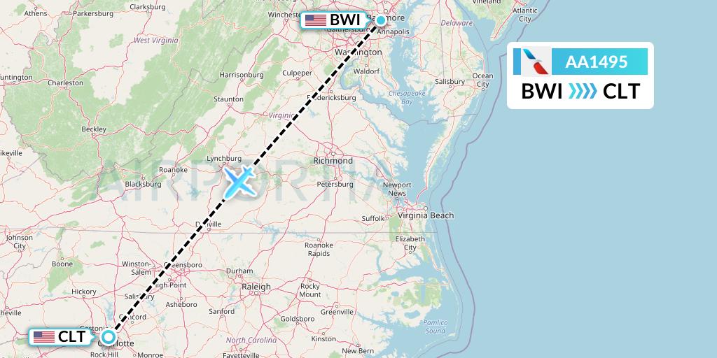 AA1495 American Airlines Flight Map: Baltimore to Charlotte