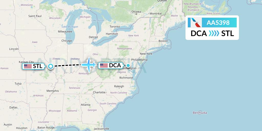 AA5398 American Airlines Flight Map: Washington to St. Louis