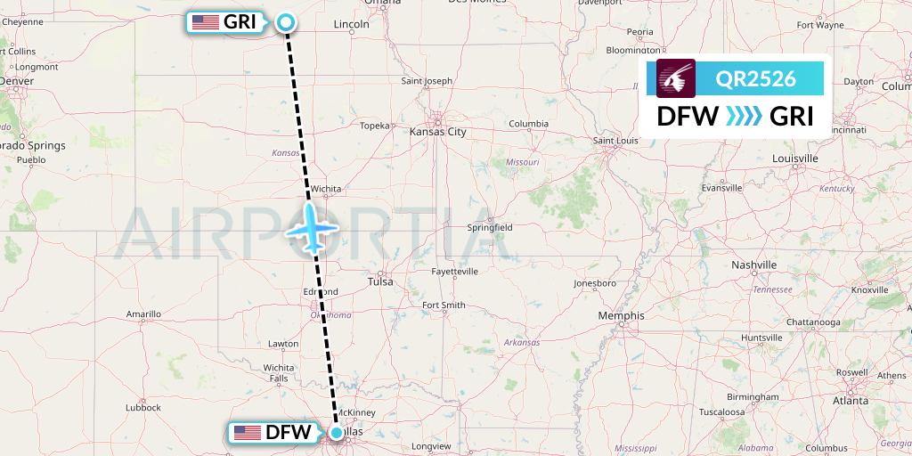 QR2526 Qatar Airways Flight Map: Dallas to Grand Island