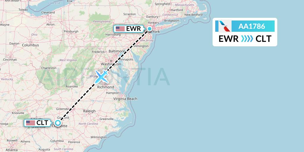 AA1786 American Airlines Flight Map: New York to Charlotte