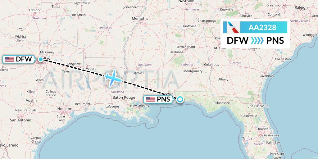 AA2328 American Airlines Flight Map: Dallas to Pensacola