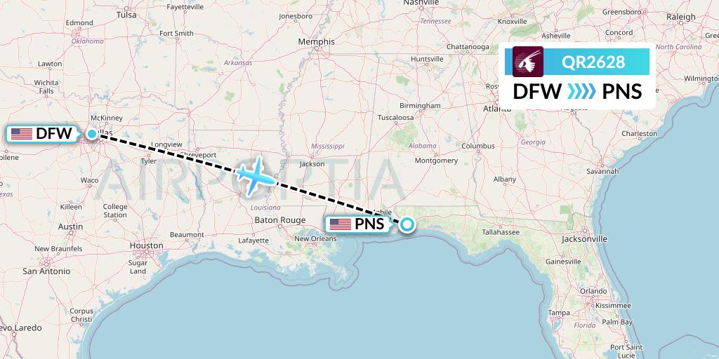 QR2628 Qatar Airways Flight Map: Dallas to Pensacola