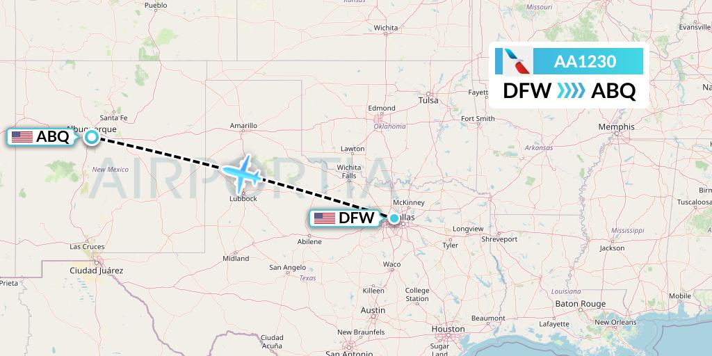 AA1230 American Airlines Flight Map: Dallas to Albuquerque